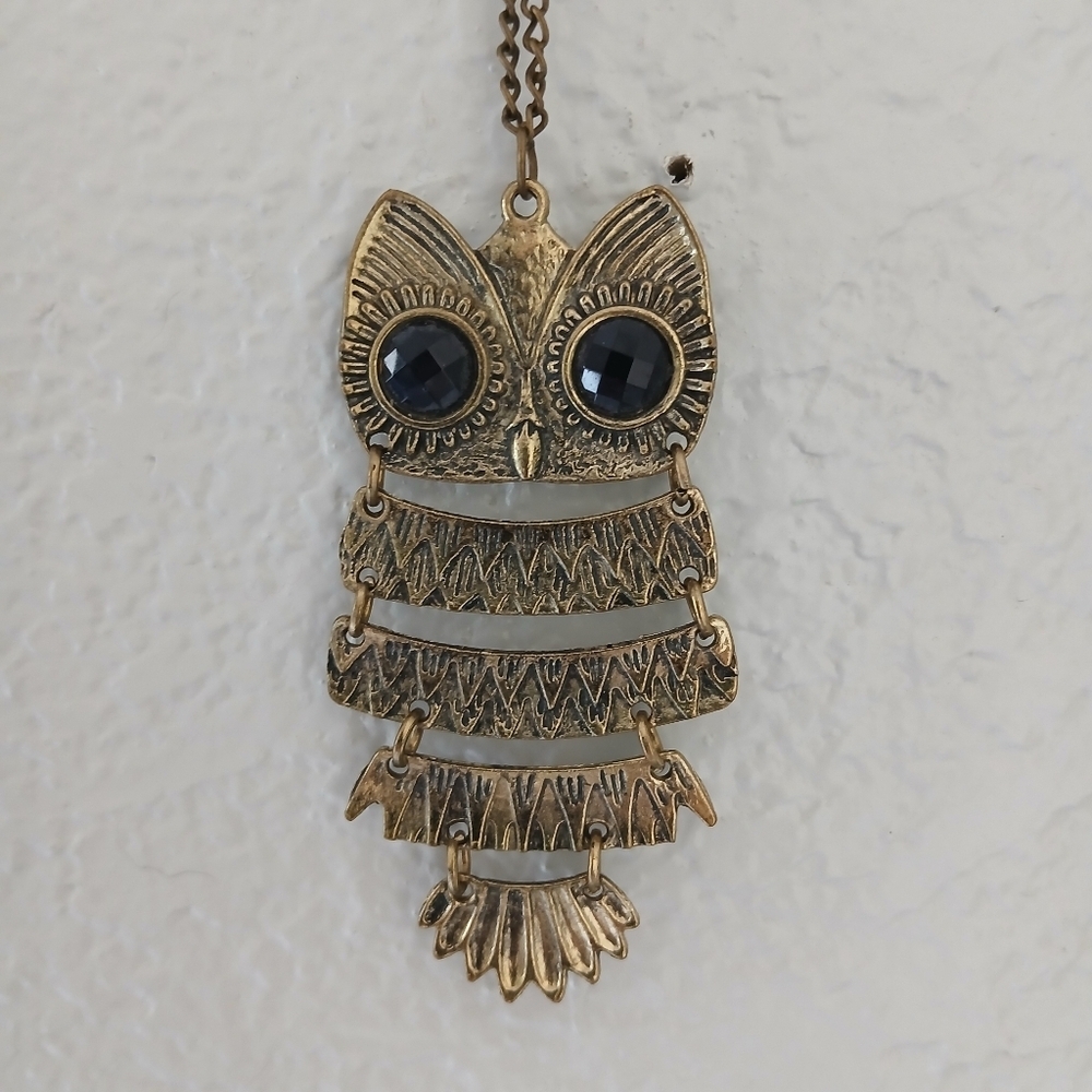 Vintage Gold Tone Owl Statement Large Articulared Art Pendant Necklace Art Deco